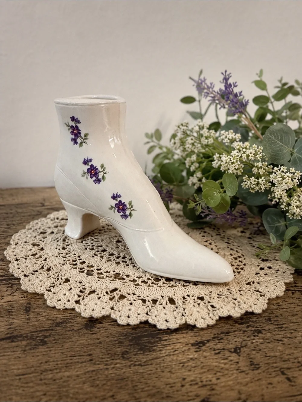 Vintage Victorian Boot Vase Planter | White Ceramic Floral Shoe Vase